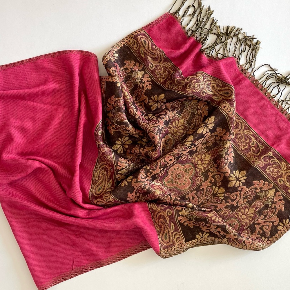 Hot Pink Shawl Pashmina with Tapestry Accents and Tassels - Picture 8 of 13